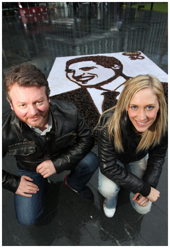 At the site of the Prince William Mural in Spinningfields – made from 3,000 pieces of liquorice
